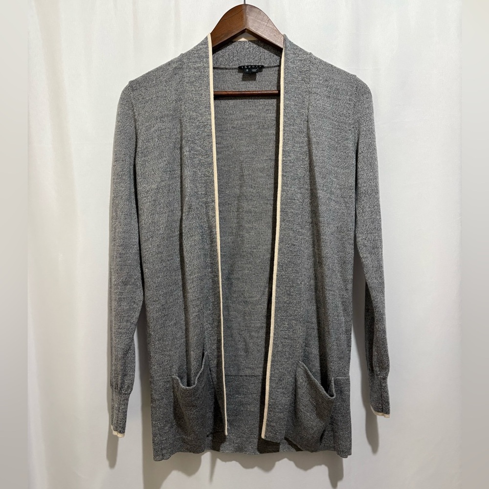 Theory Merino Wool Cardigan Open Front Gray Lightweight Petite Small